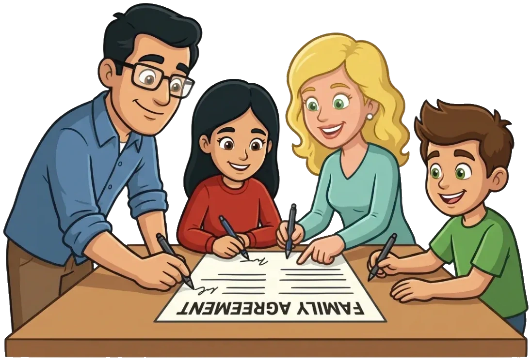 A family signing their agreement together