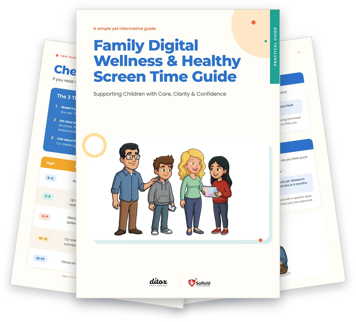 Cover of the Family Digital Wellness and Healthy Screen Time Guide, with two pages from inside