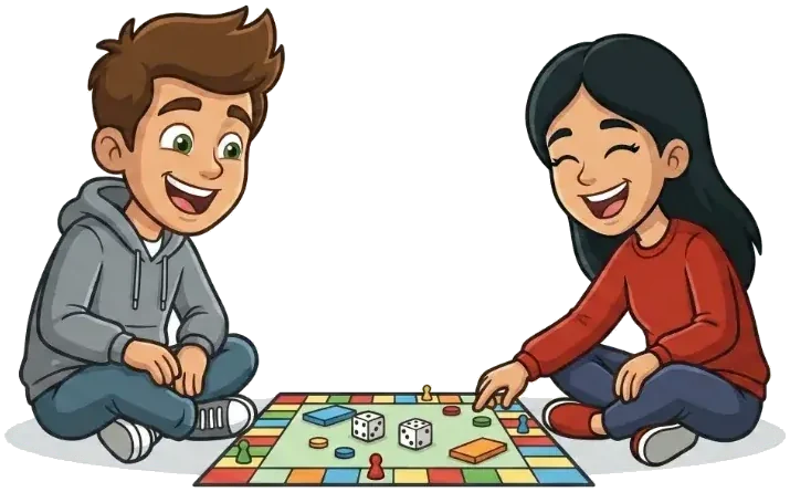 Two children laughing over a board game
