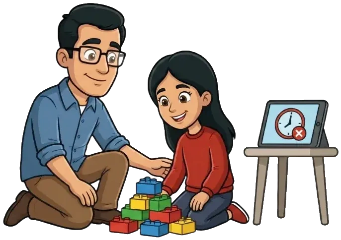 A parent and child building with blocks next to a tablet showing a timer