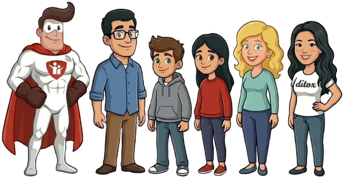 The guide’s family characters with the Salfeld mascot