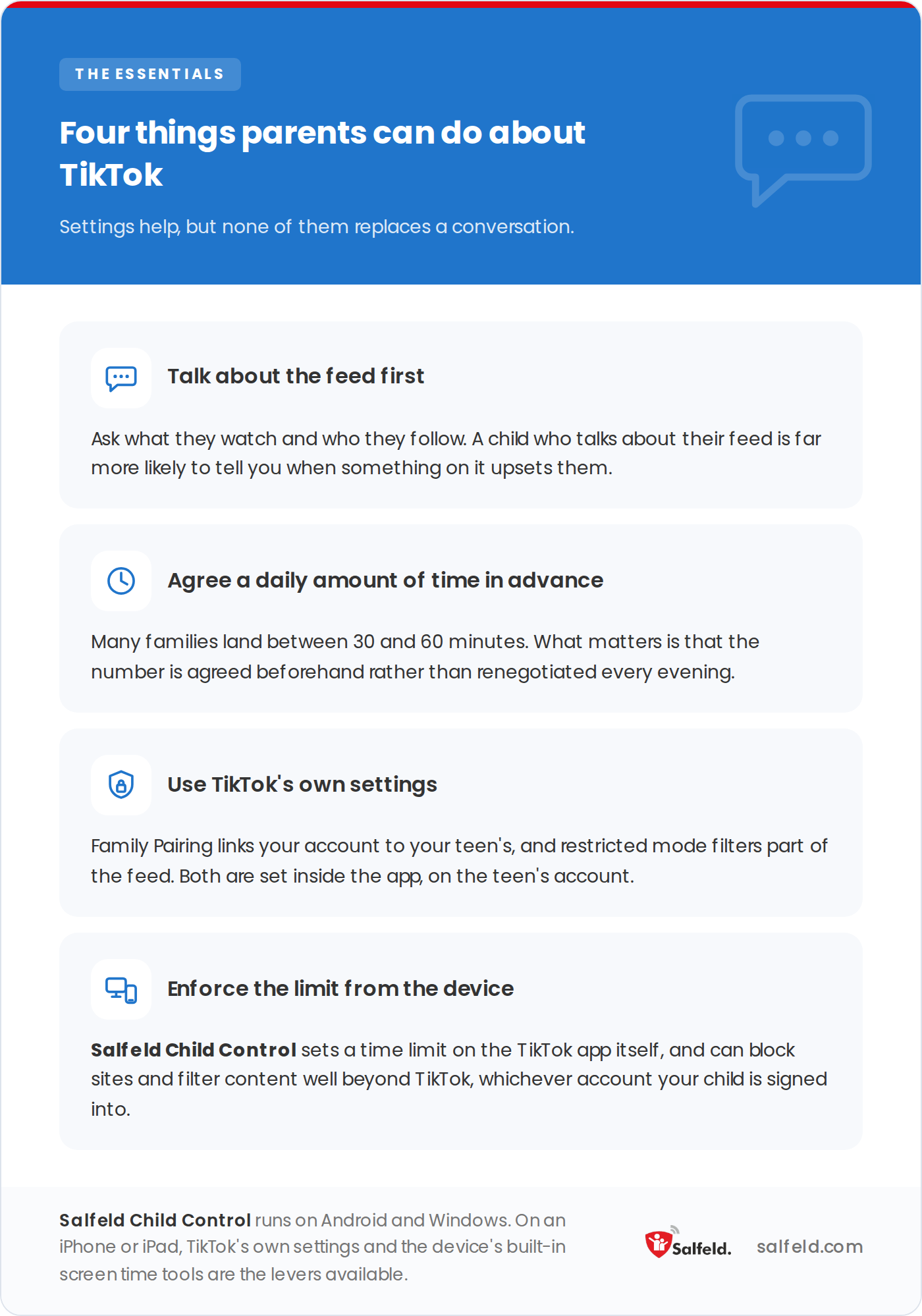 Four parental actions on TikTok: talk about the feed, agree a daily time, use TikTok&rsquo;s settings, limit from the device.