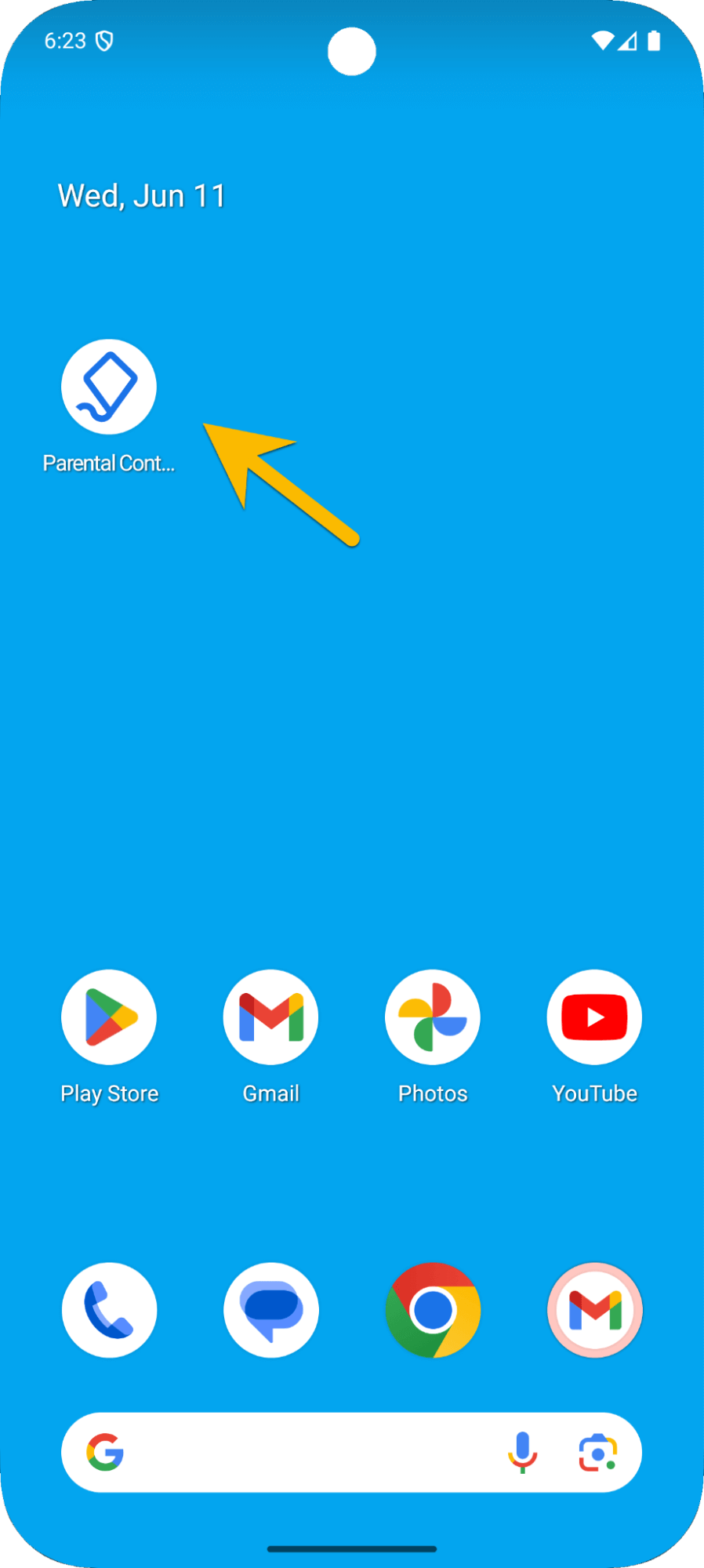 Phone screen showing how to open Family Link app on parent device
