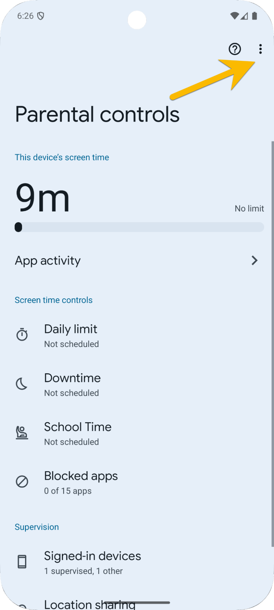 Phone screen showing how to access Family Link special menu
