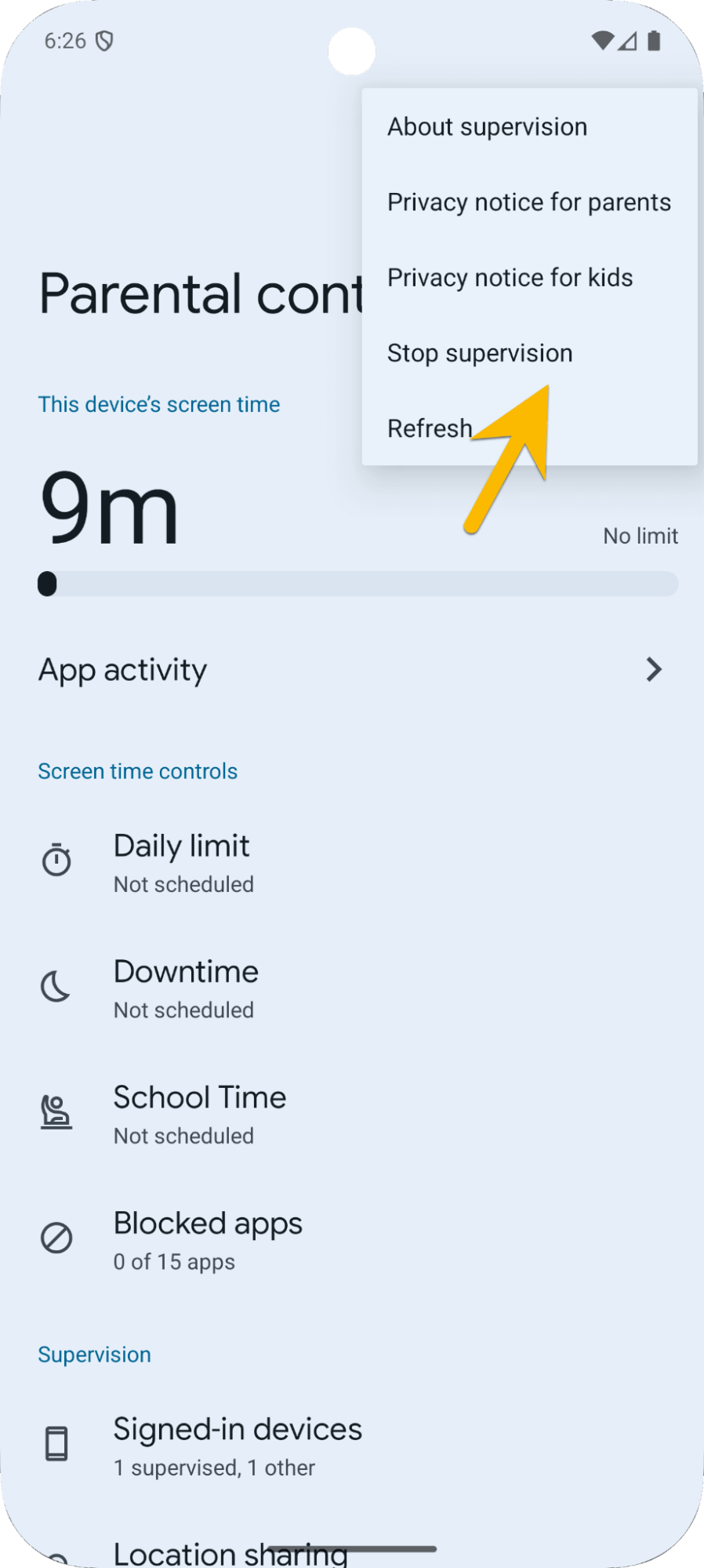 Phone screen showing how to click stop supervision on Family Link