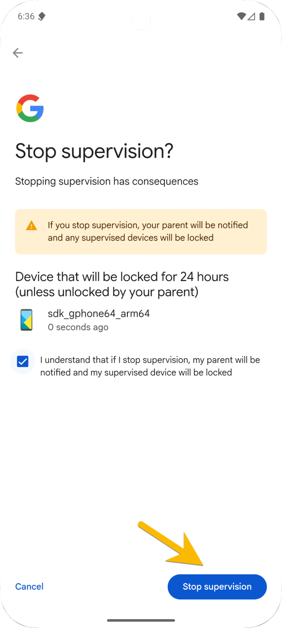 Phone screen showing how to click stop supervision on Family Link next step