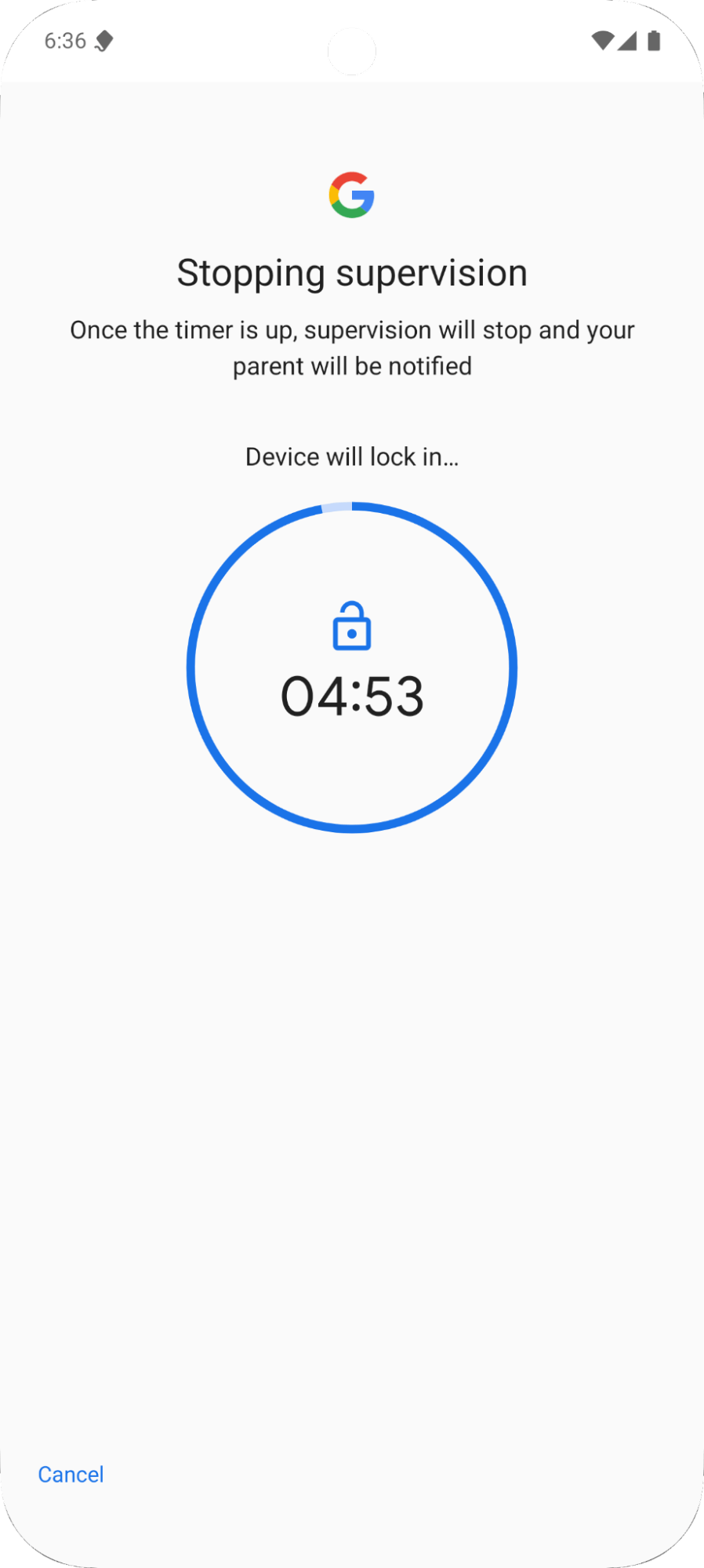 Phone screen showing when you have to stop 5 minutes to stop supervision on Family Link 