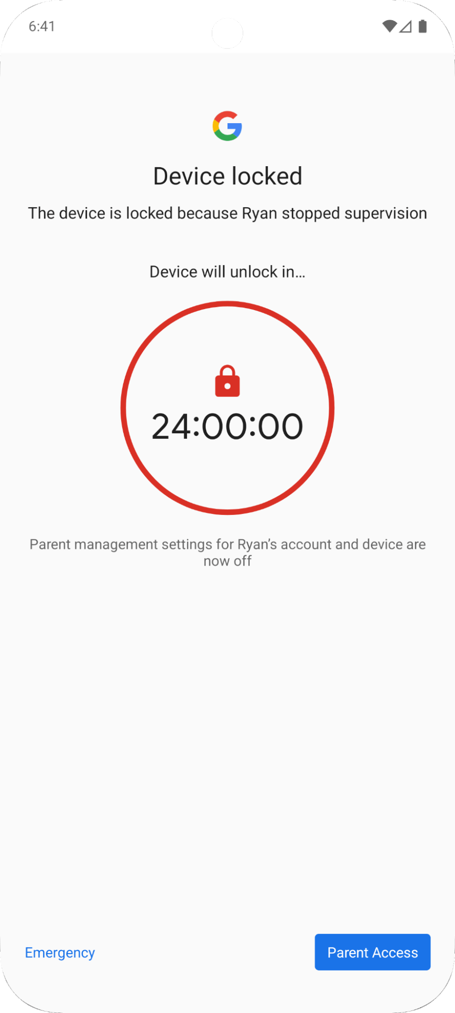 Phone screen showing when you have to wait 24 hours to stop supervision on Family Link 