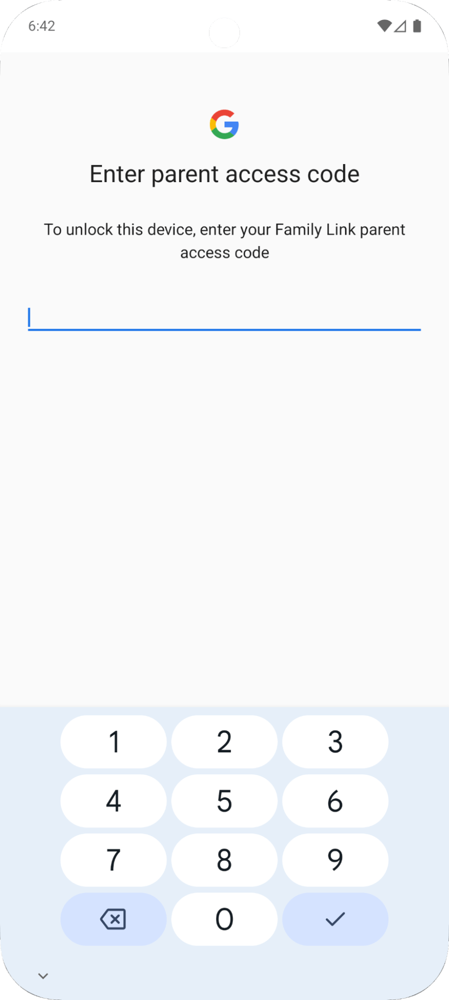 Phone screen showing that you have to enter parent code to stop Family Link supervision 
