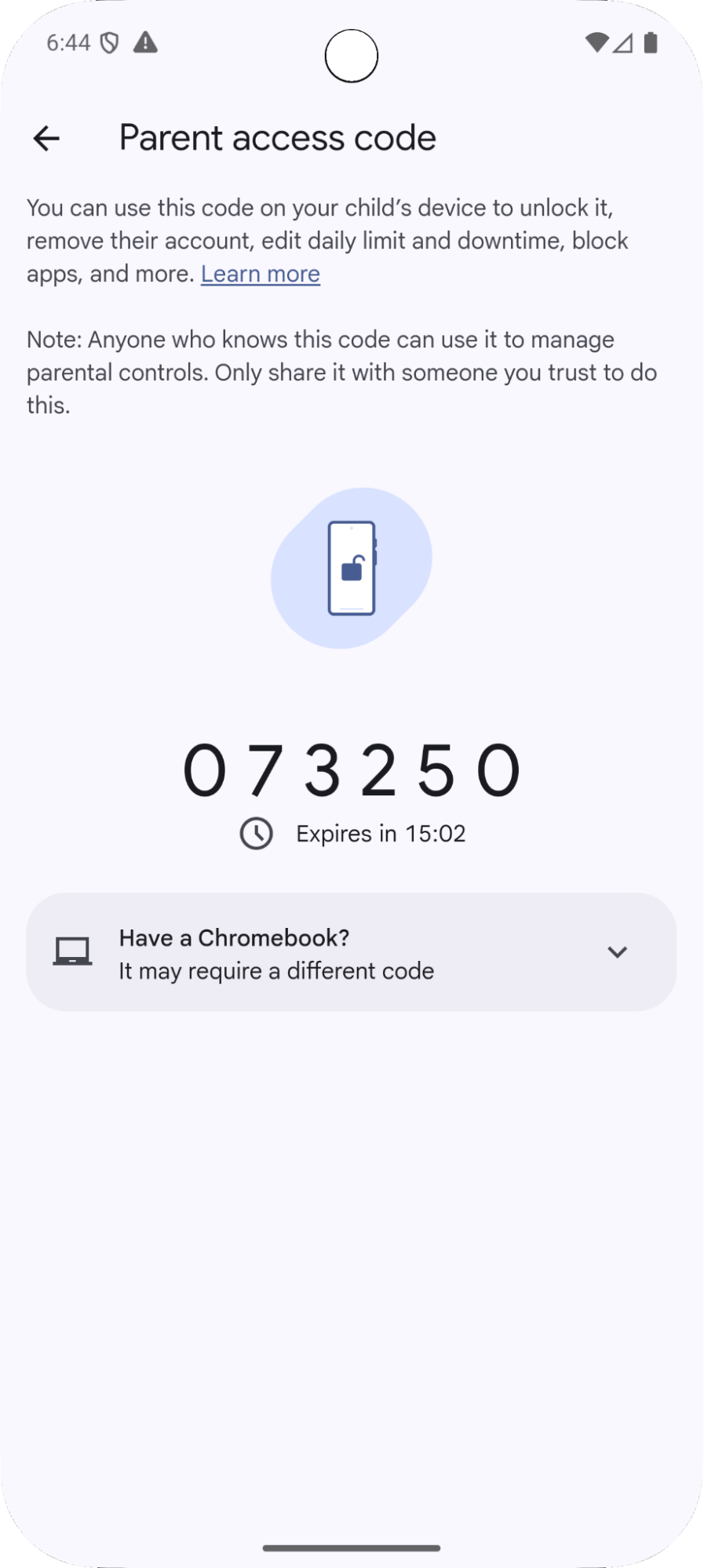 Phone screen showing that what to do with parent code to stop Family Link supervision 
