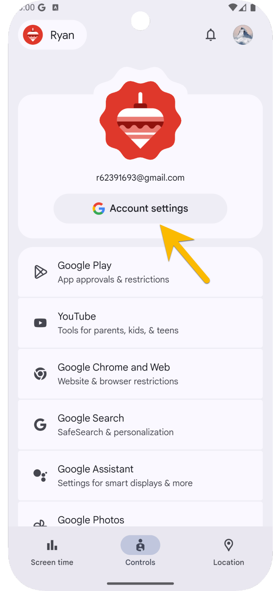 Phone screen showing how to access child account settings on Family Link