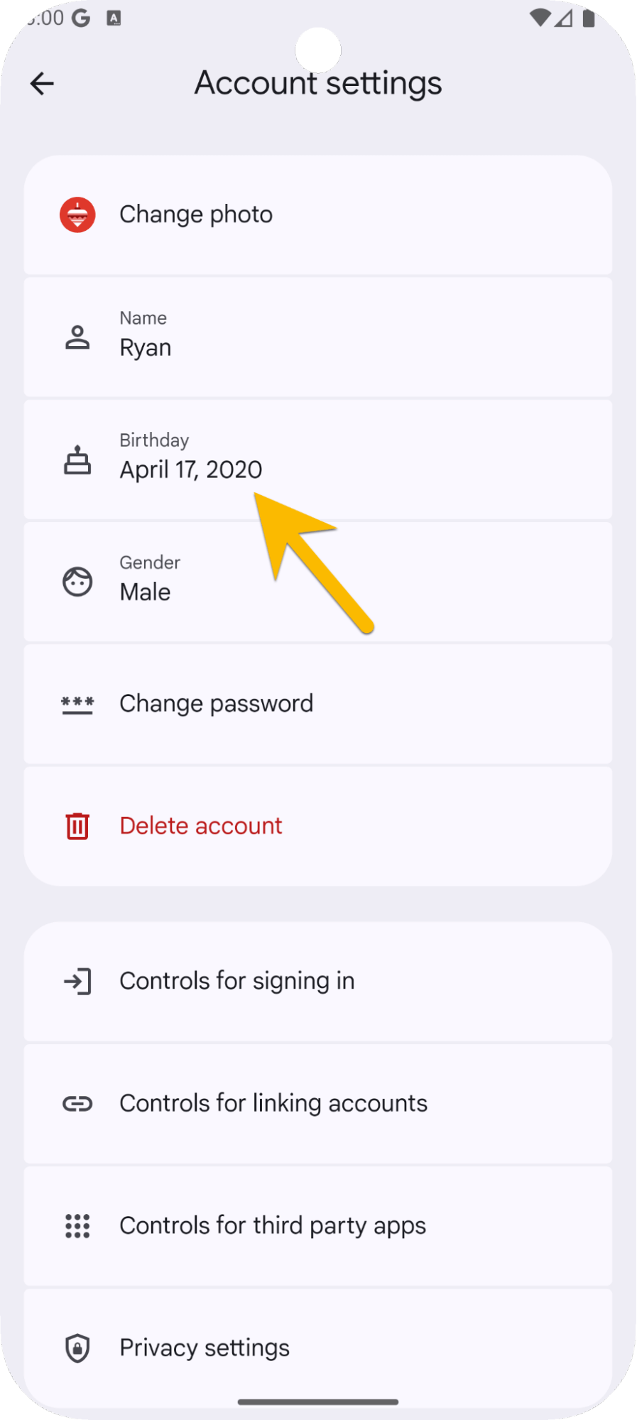 Phone screen showing how to change child birthday on Family Link