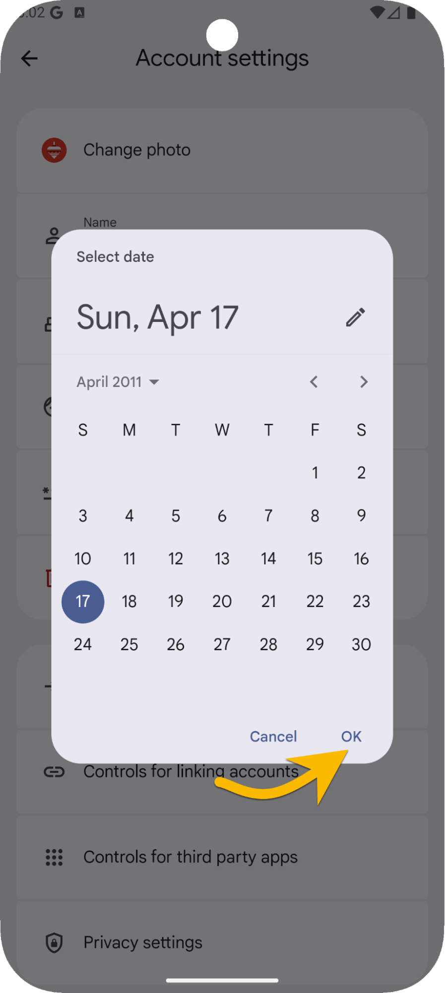 Phone screen showing how to change child birthday on Family Link step 2