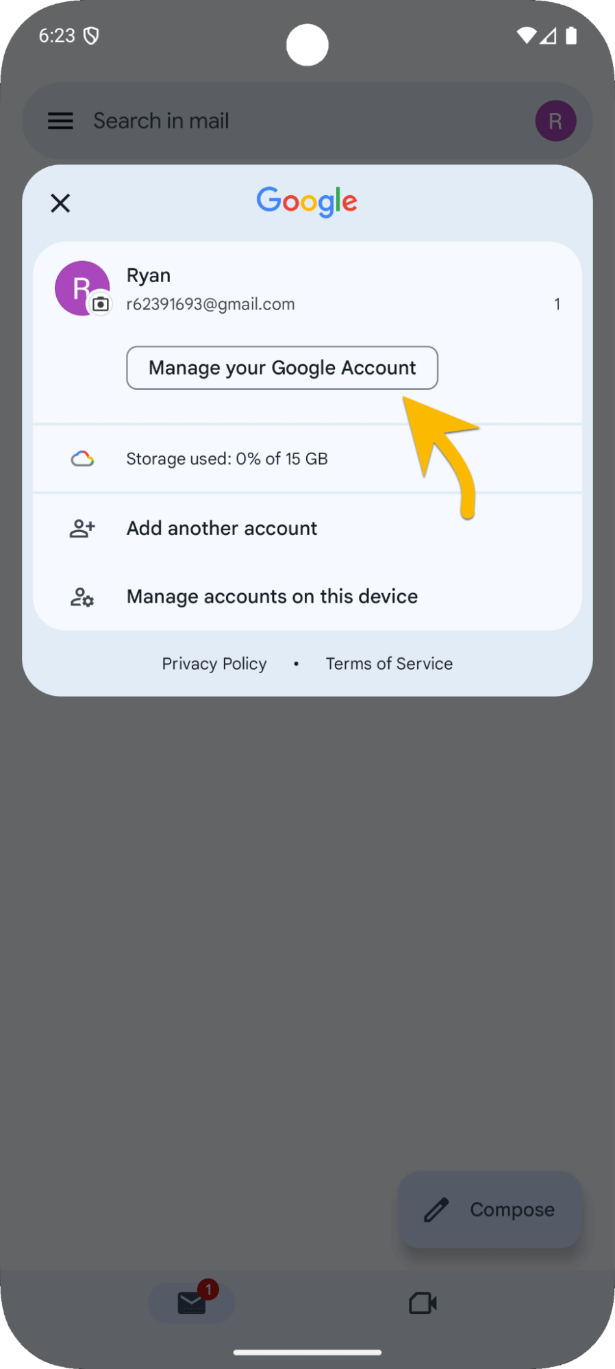 Phone screen showing how to access child google account next view