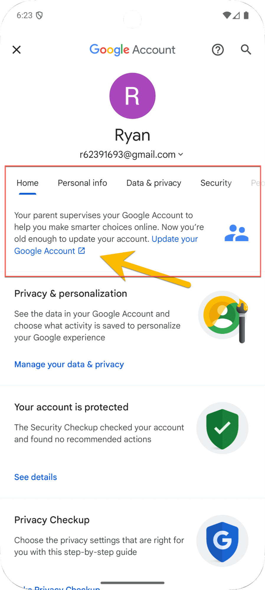 Phone screen showing child google account to update family link