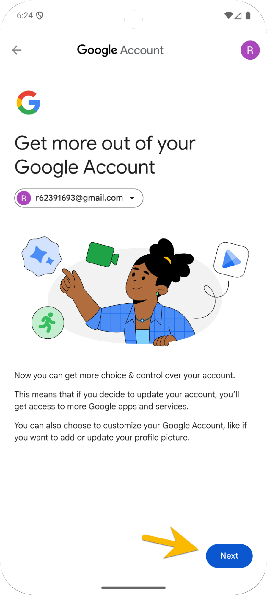 Phone screen showing child google account update process 1
