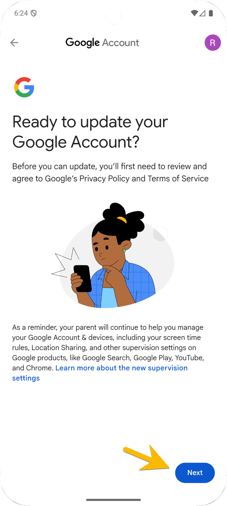 Phone screen showing child google account update process 2