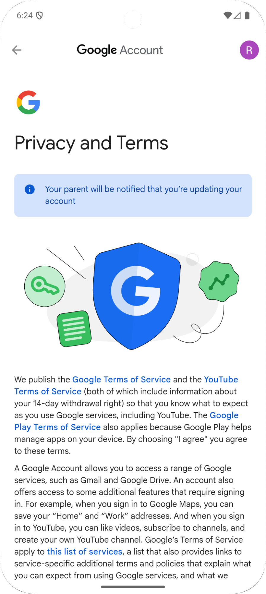 Phone screen showing child google account update process 3