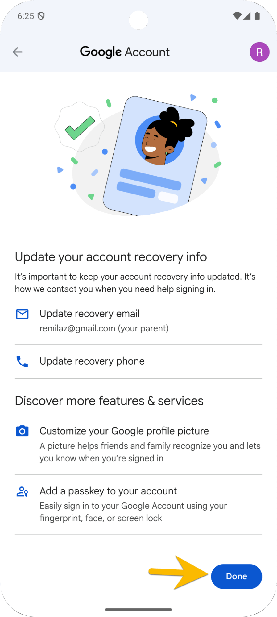 Phone screen showing child google account update process 4