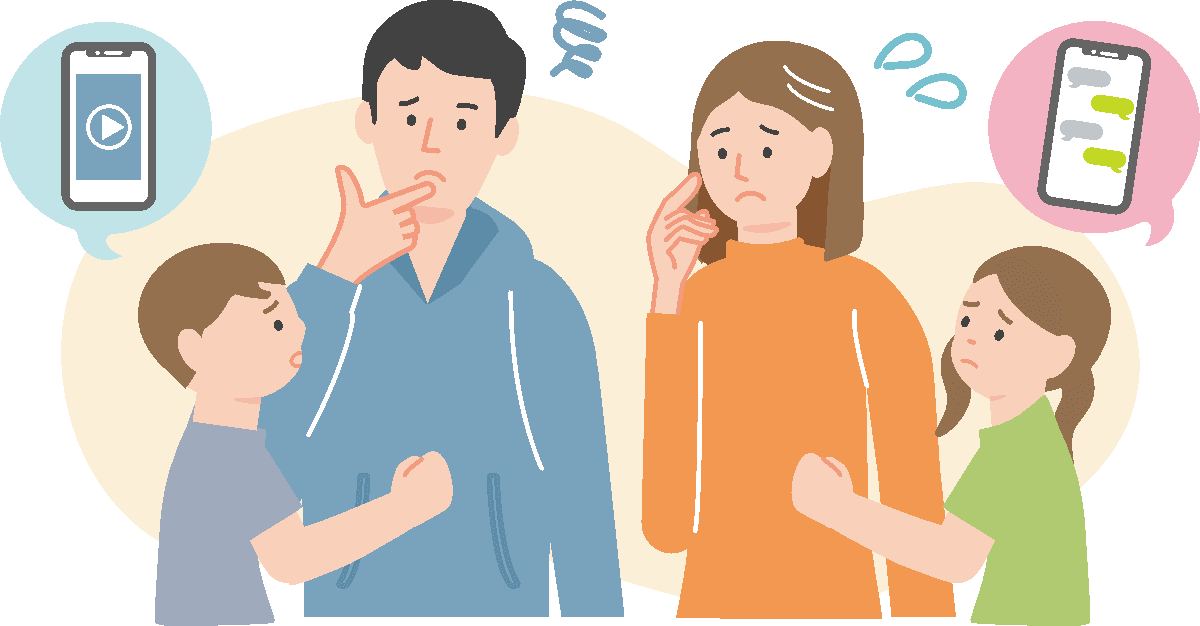 Two parents looking worried while their children tug at them, phones in the thought bubbles Struggling with screen battles at home? Discover therapist-approved routines to help your child thrive — online and offline.