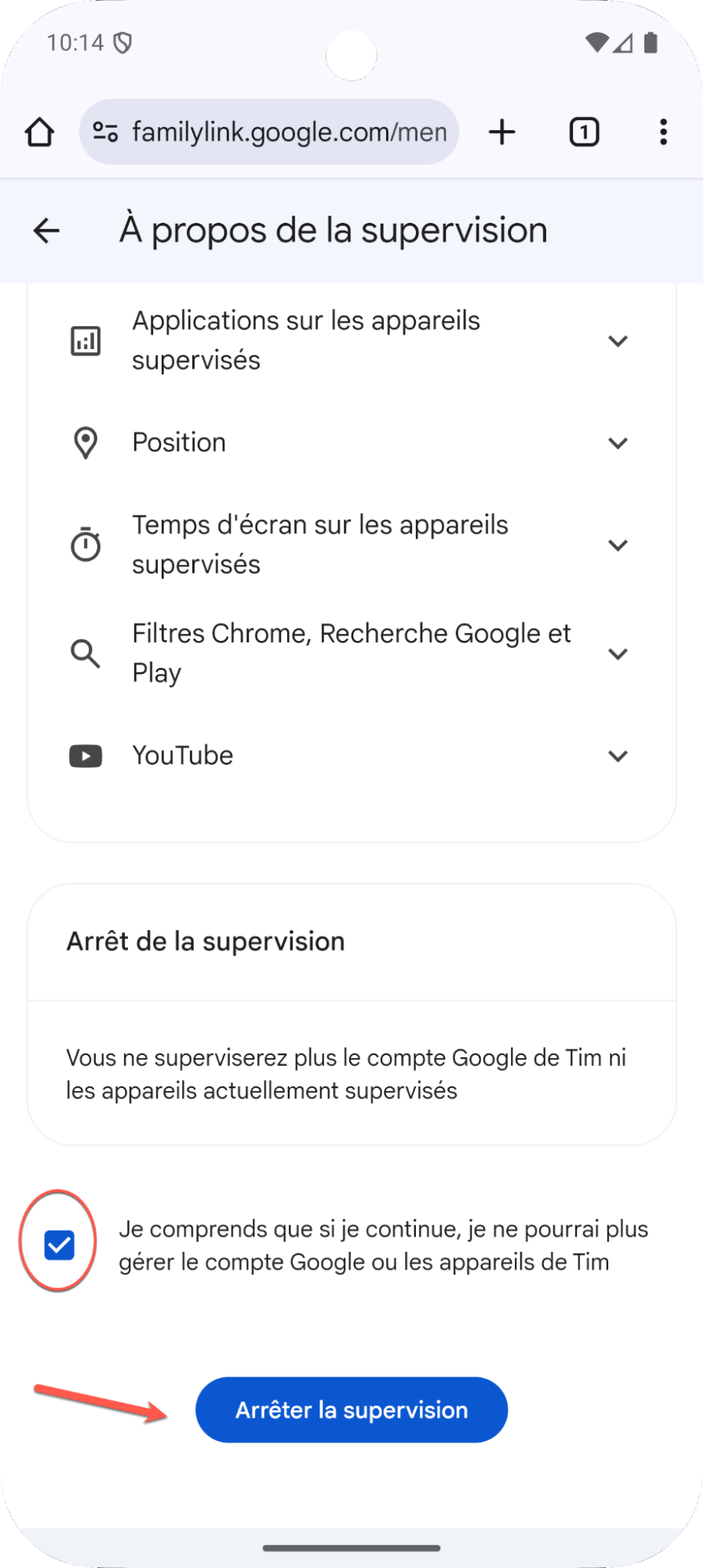 écran téléphone Family Link arrêter la supervision