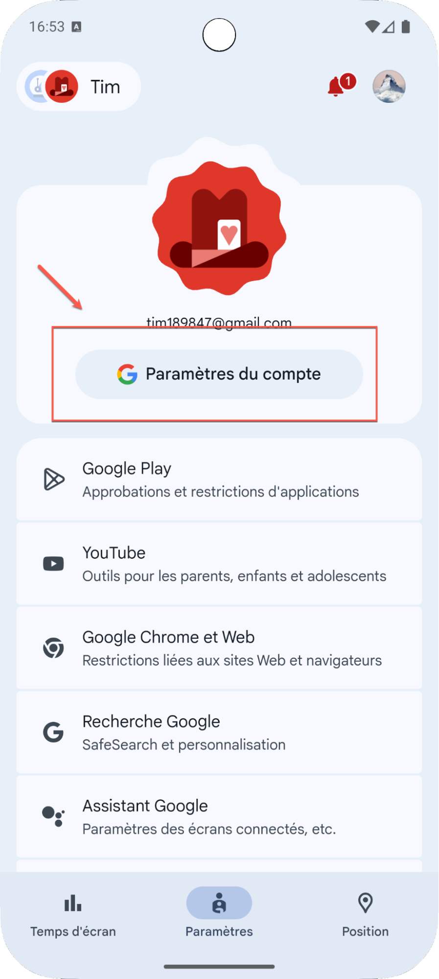 Écran d'accès Family Link paramètres du comptes enfant