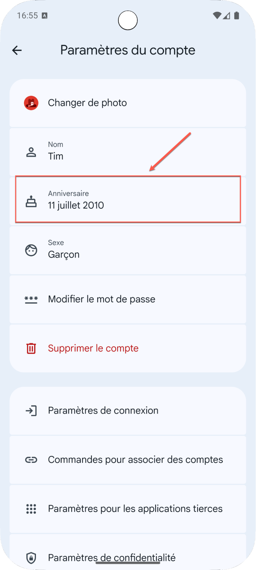 écran pour changer date de naissance Family Link