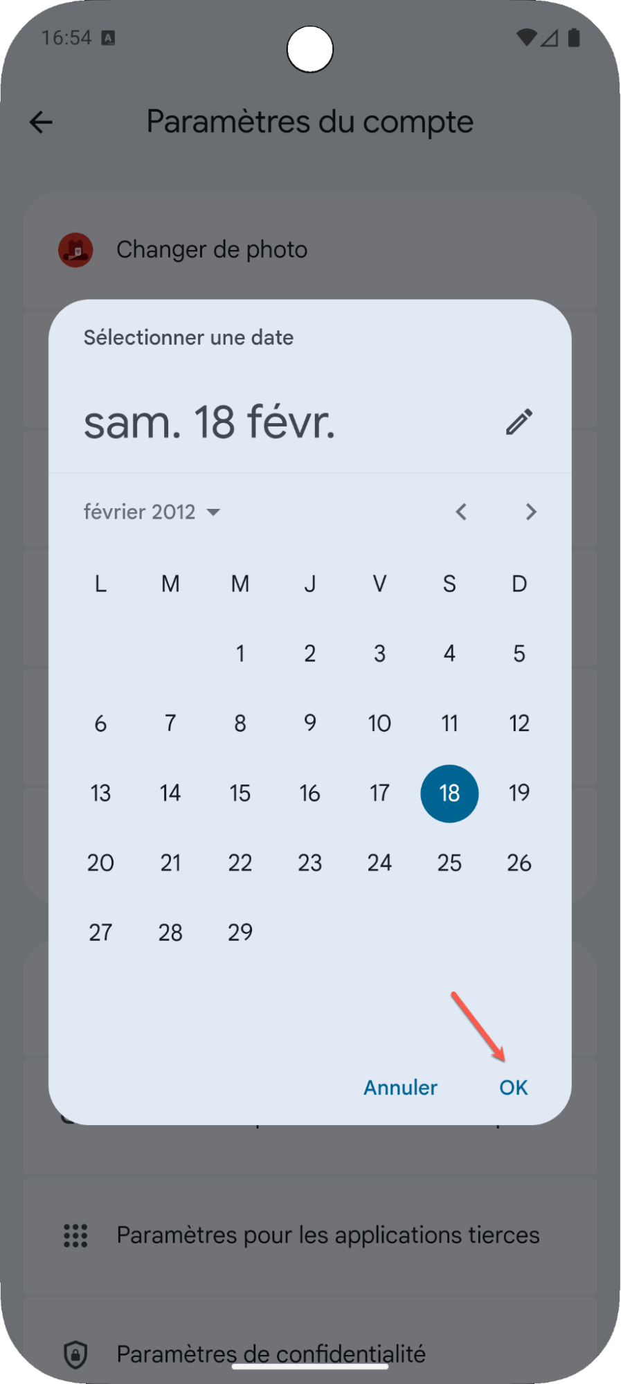 écran pour changer date de naissance Family Link - suite
