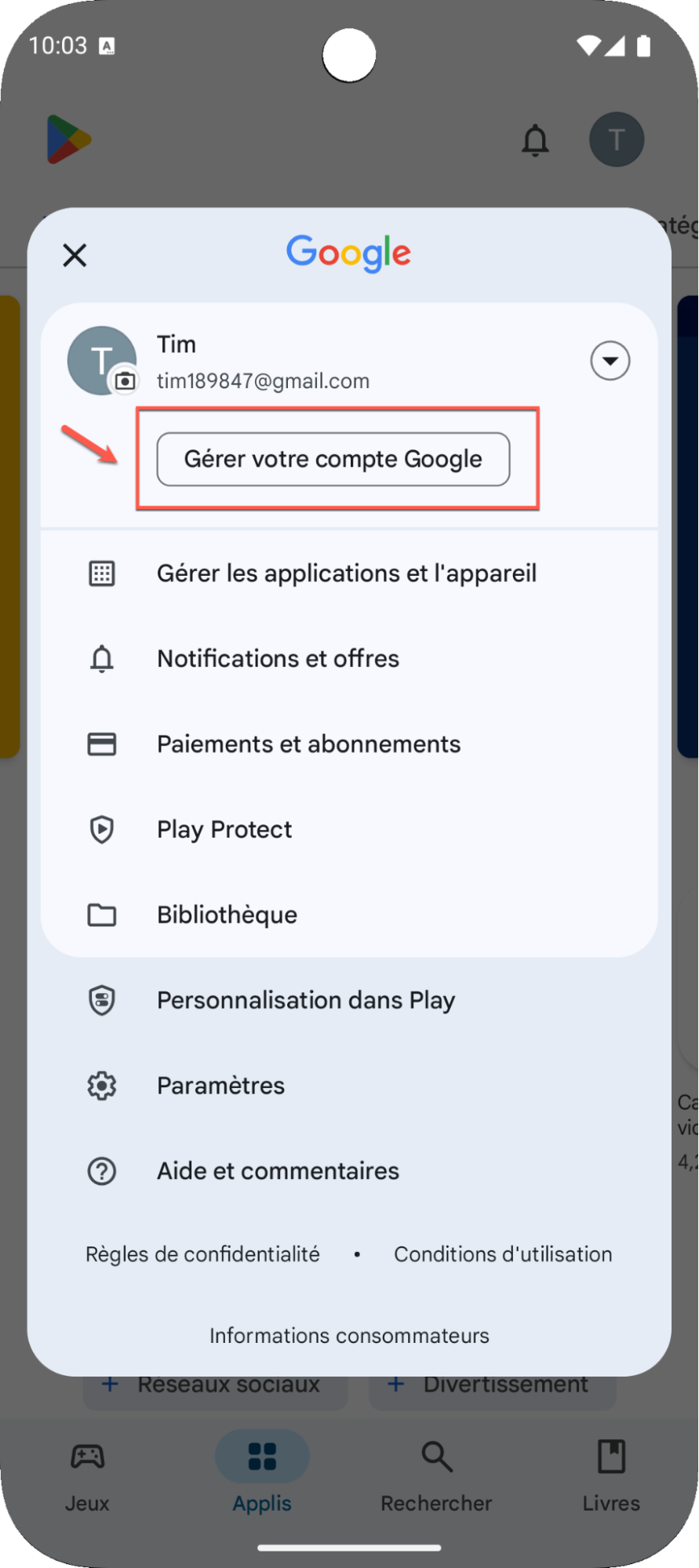 Écran Google Play mise à jour Family Link sur le compte de l'enfant suite