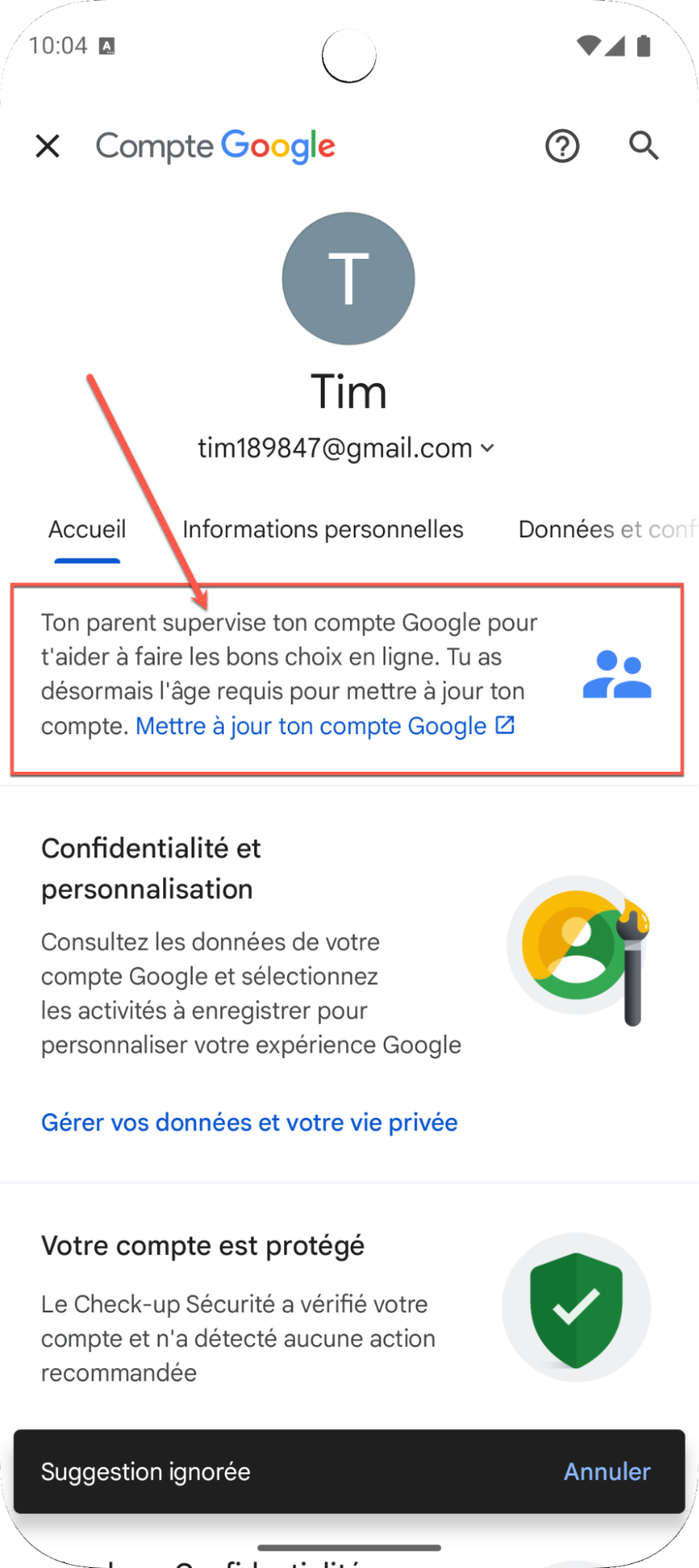 écran de mise à jour du compte enfant Family Link