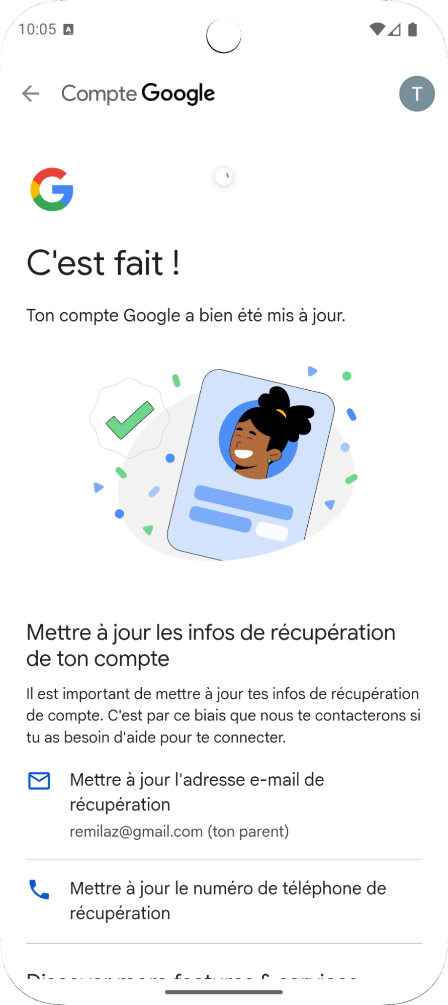écran de mise à jour du compte enfant Family Link suite d