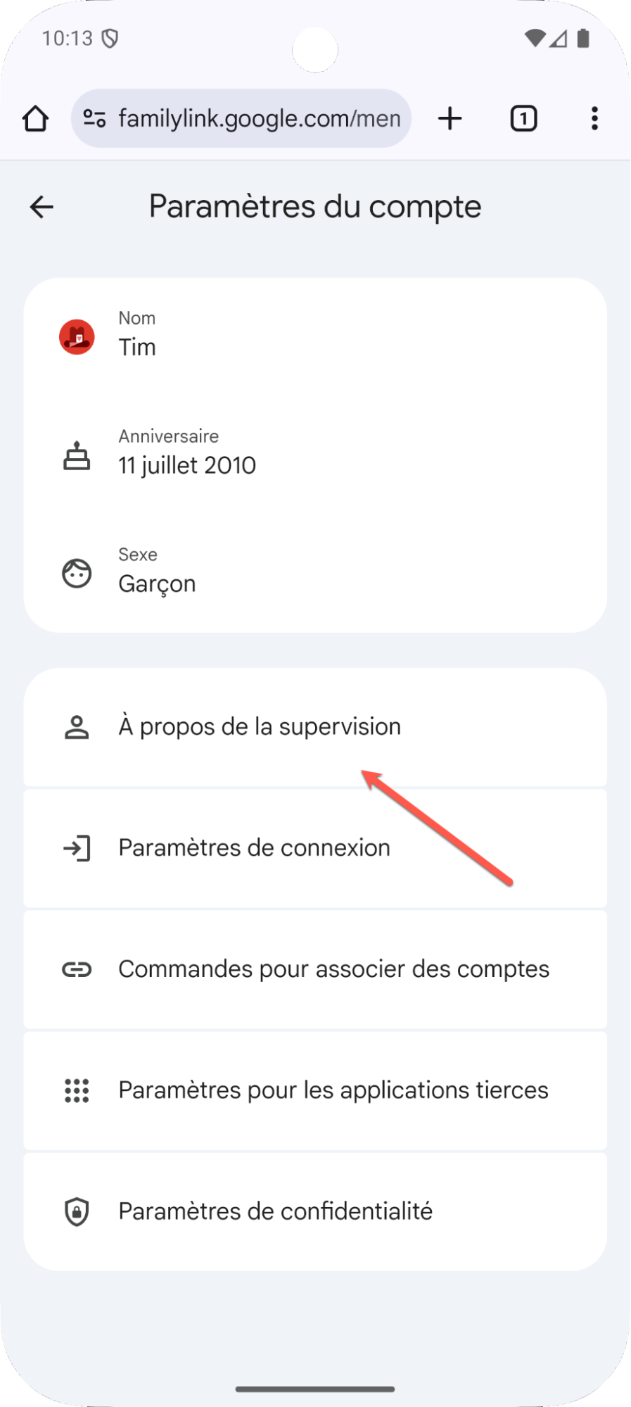 écran téléphone Family Link stopper la supervision suite b
