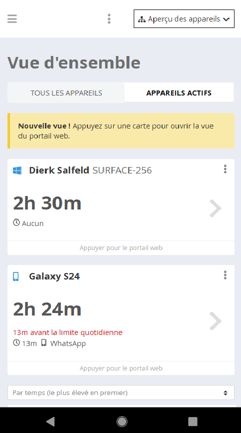 La vue d’ensemble des appareils dans l’appli du parent